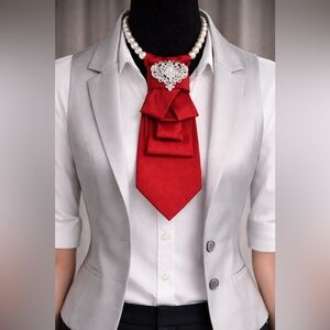 Red Necktie Necklace Rhinestone Crystal Heart Brooch OOAK Handcrafted